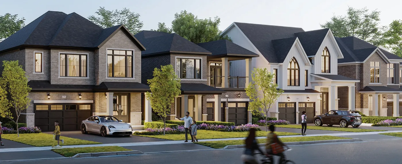 Streetscape rendering of detached homes at SouthCal Phase 2 in South Caledon, Ontario