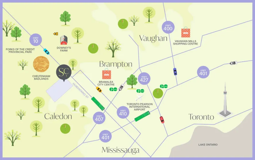 Key map showing SouthCal Phase 2 in Caledon relative to Brampton, Vaughan, Toronto, Highway 410 and Pearson Airport