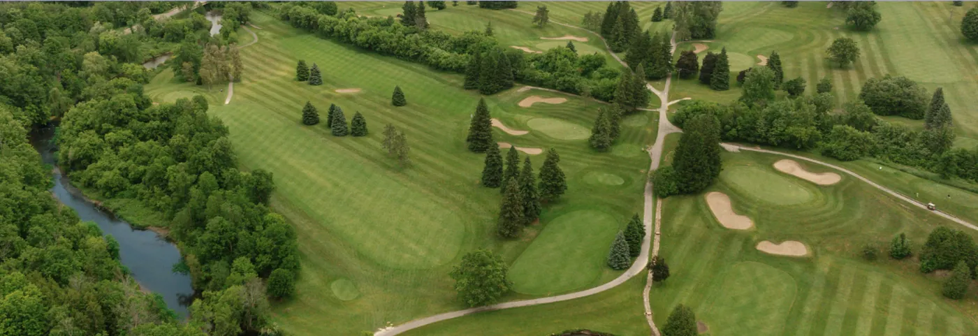 Aerial view of golf course, forest and Etobicoke Creek near SouthCal in Caledon, Ontario